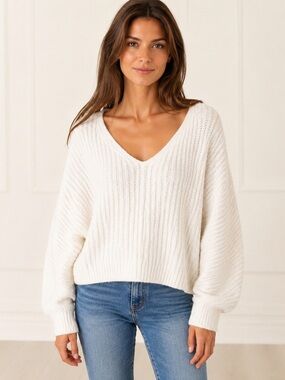 Pink Rose Ivory Metallic Shimmer Oversized V-Neck Sweater L